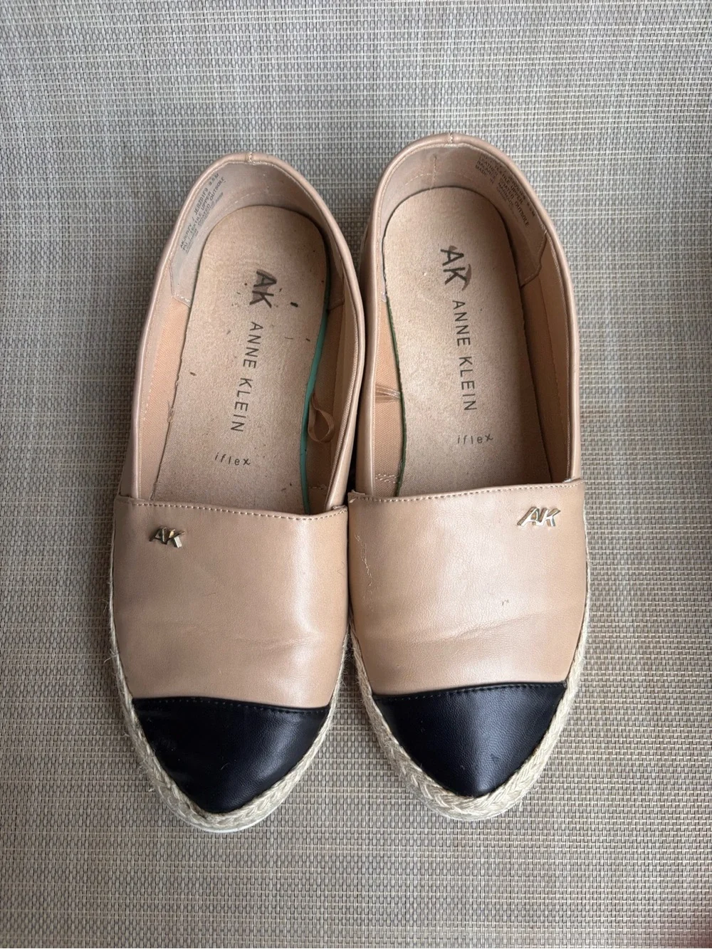 Anne Klein Tan and Black Slip-On Espadrille Flats
